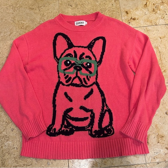 OXKnit Sweaters - OXKNIT Pink Sweater with Black Bulldog & Green Glasses 100% Cotton Size L